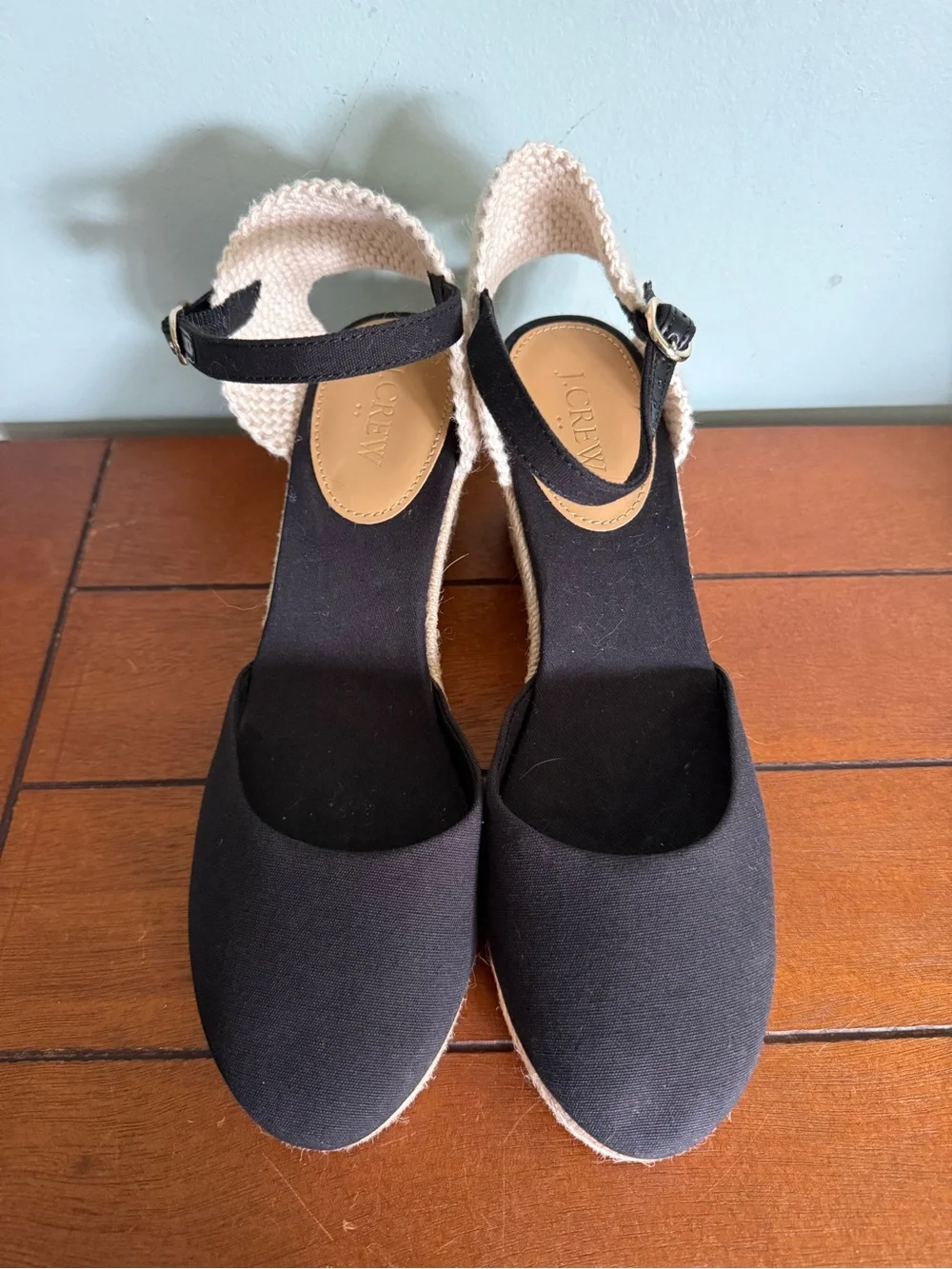 J Crew Black Ankle Strap Wedge Espadrille Sandals Size 9.5